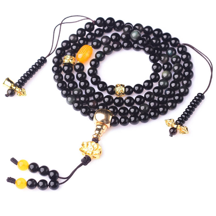 Buddha Stones 108 Beads Natural Black Obsidian Lotus Fulfilment Mala Bracelet