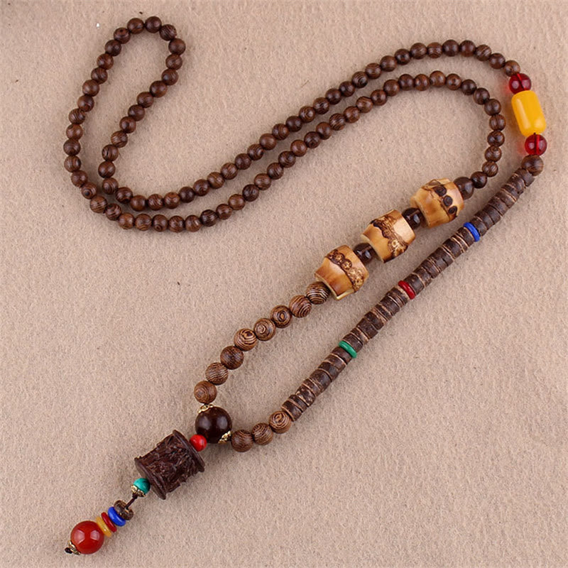 Buddha Stones Tibetan Wenge Wood Bodhi Seed Agate Elephant Protection Necklace Pendant