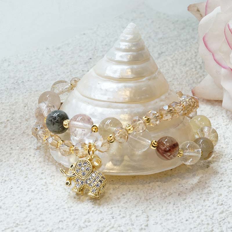 Buddha Stones Rose Quartz Elephant Healing Energy Charm Bracelet