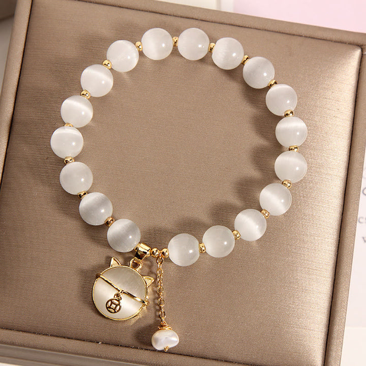 Buddha Stones Cat's Eye Lovely Cat Pattern Pearl Love Charm Bracelet