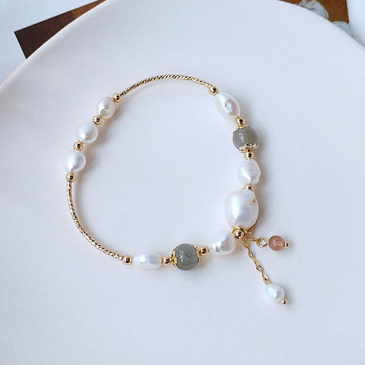 Buddha Stones Pearl Moonstone Strawberry Quartz Bead Optimism Bracelet