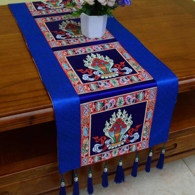 Prayer Altar Mat Man-Bcu Kalachakra Endless Knot Vajra Tibetan Auspicious Symbols Tassels Table Runner