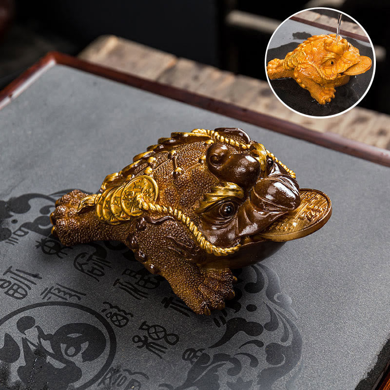 Buddha Stones Color Changing FengShui Wealth Lucky Frog Copper Coin Tea Pet Resin Figurine Decoration