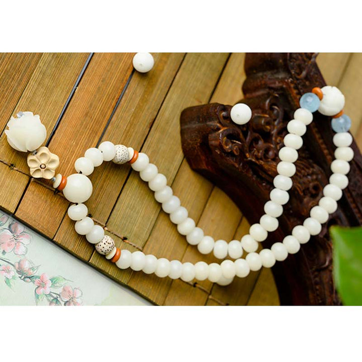 Buddha Stones Tibetan White Jade Bodhi Lotus Blessing Bracelet