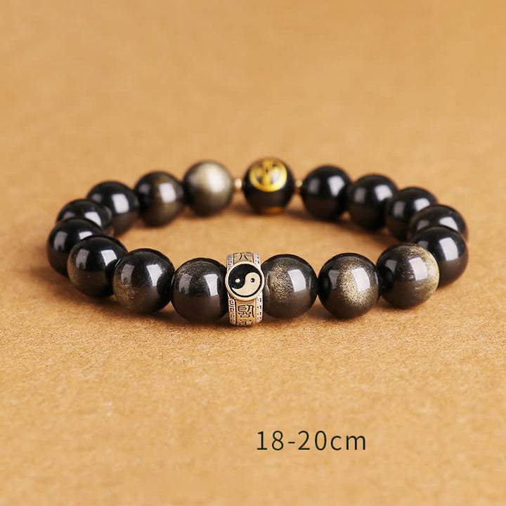 Buddha Stones 925 Sterling Silver Black Obsidian Gold Sheen Obsidian Silver Sheen Obsidian Yin Yang Protection Bracelet