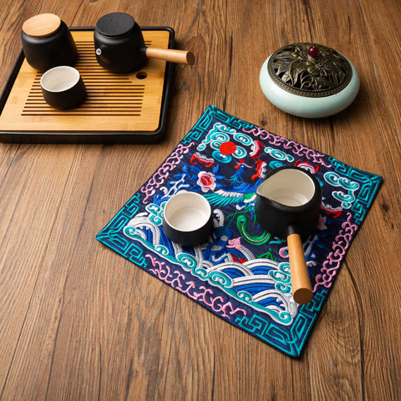 Buddha Stones Phoenix Dragon Kirin Embroidery Cup Mat Pad Tea Cup Coaster Kung Fu Tea Mat