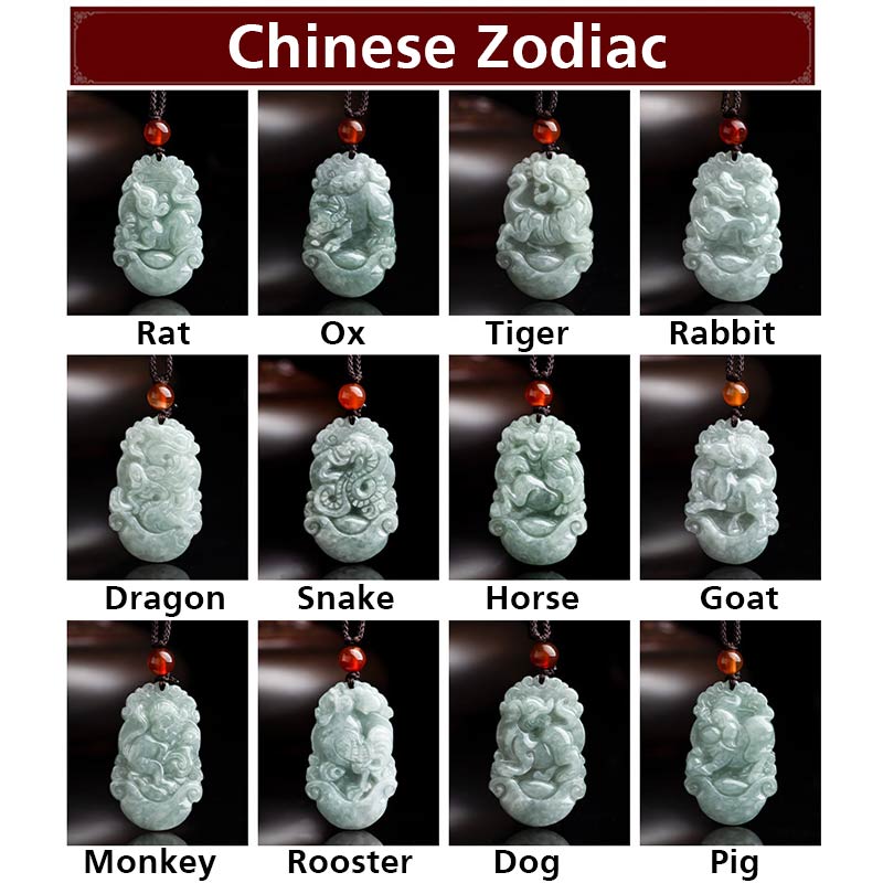 Natural Jade 12 Chinese Zodiac Sucess Pendant Necklace