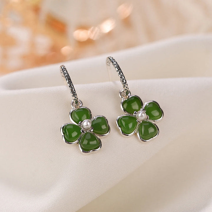 Buddha Stones 925 Sterling Silver Natural Cyan Jade Four Leaf Clover Luck Success Earrings