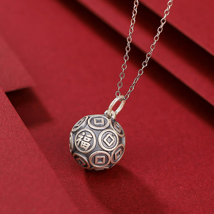 Buddha Stones 990 Sterling Silver Fu Character Copper Coin Luck Fortune Chain Necklace Pendant