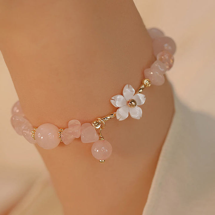 Buddha Stones 14k Gold Plated Natural Pink Crystal Flower Love Bracelet