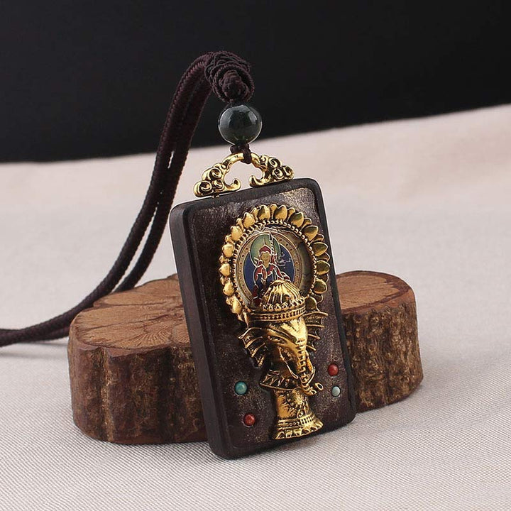 Ebony Wood Elephant God of Fortune Buddha Blessing Necklace String Pendant