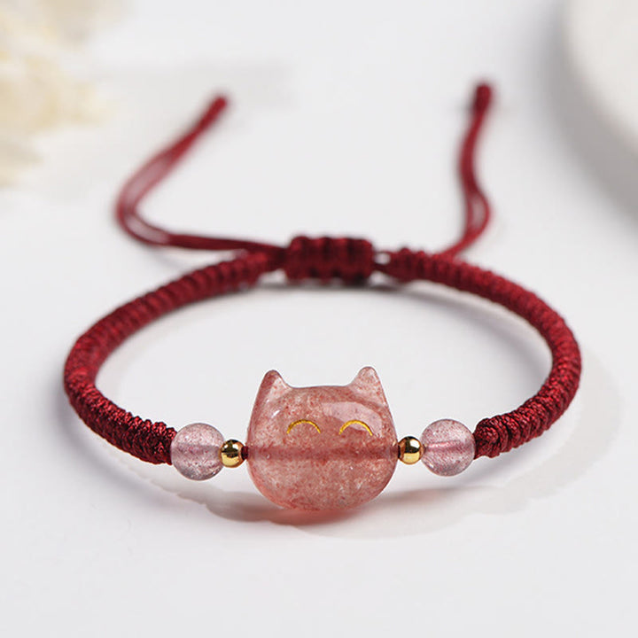 Buddha Stones Handmade Natural Silver Sheen Obsidian Strawberry Quartz Cute Cat Protection Braided Bracelet