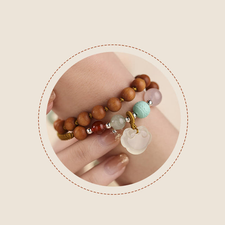 Buddha Stones Green Sandalwood Chalcedony Peace Buckle Charm Soothing Double Wrap Bracelet