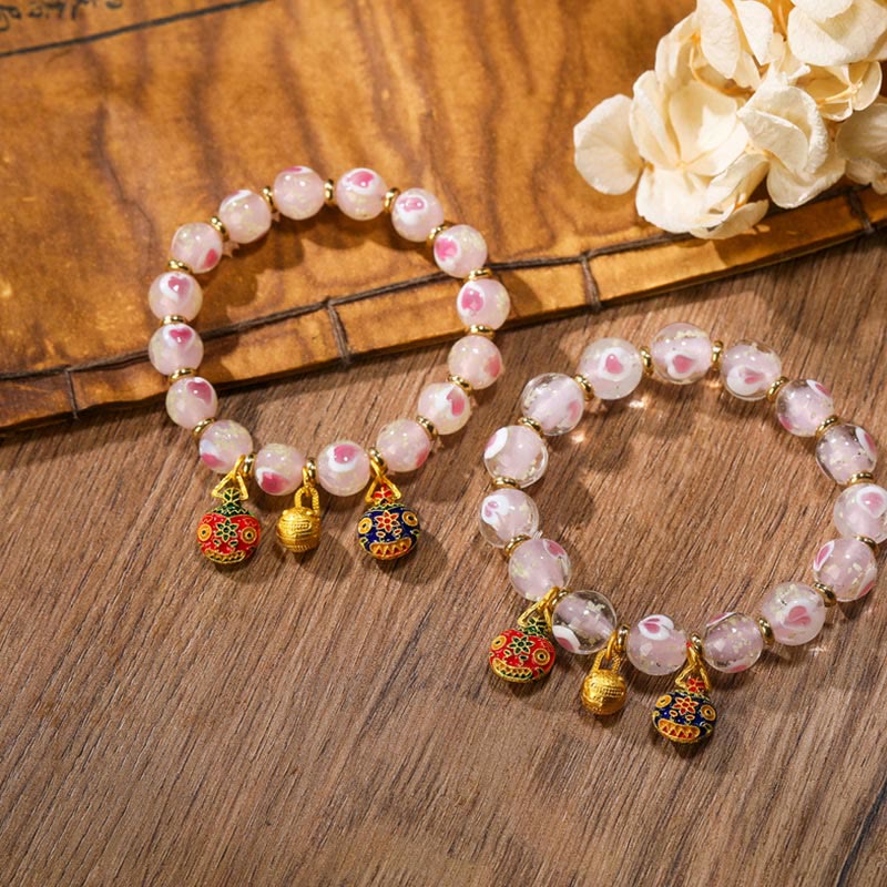 Buddha Stones Gold Swallowing Beast Family Charm Luminous Pink Love Heart Fluorescent Liuli Glass Bead Blessings Bracelet