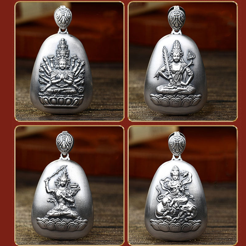 Buddha Stones 999 Sterling Silver Chinese Zodiac Natal Buddha Heart Sutra Engraved Protection Necklace Pendant