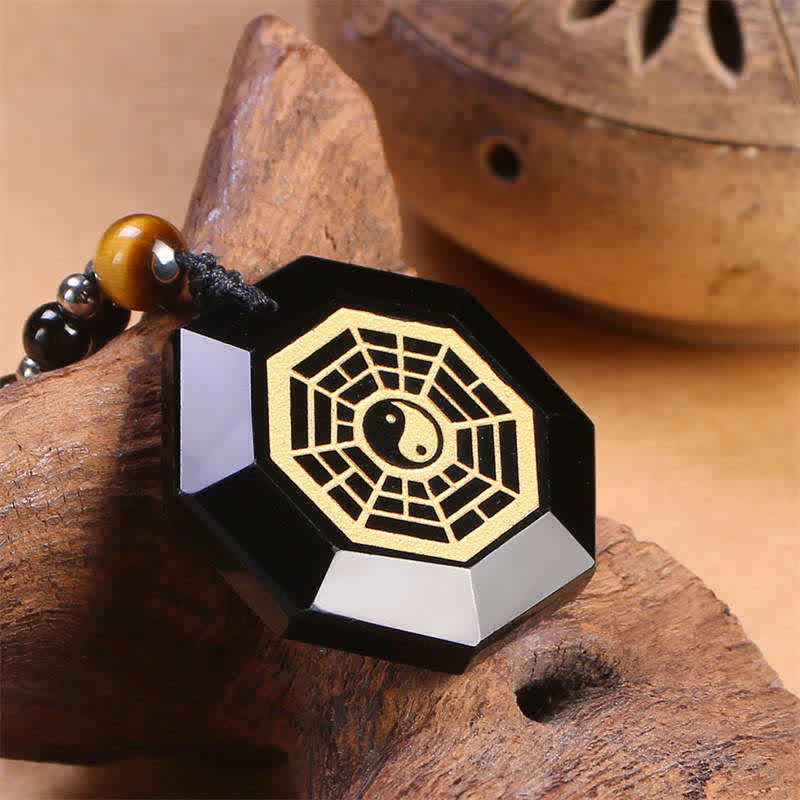 Bagua Yin Yang Black Obsidian Purification Beaded Necklace Pendant