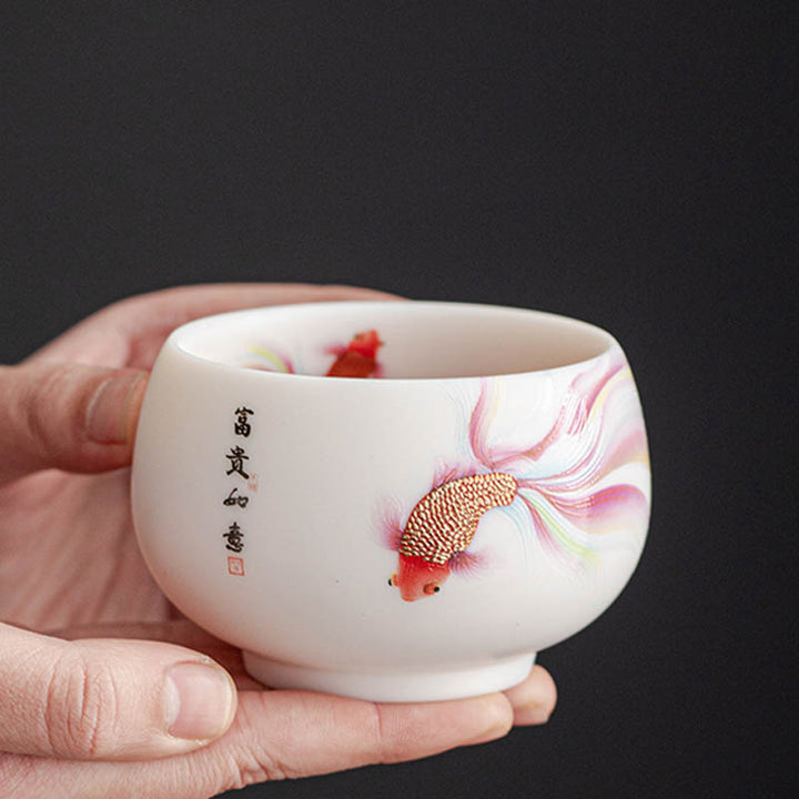 Buddha Stones Koi Fish White Porcelain Ceramic Teacup Kung Fu Tea Cup