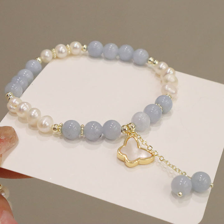 Buddha Stones Natural Aquamarine Pearl Healing Ginkgo Leaf Butterfly Charm Bracelet