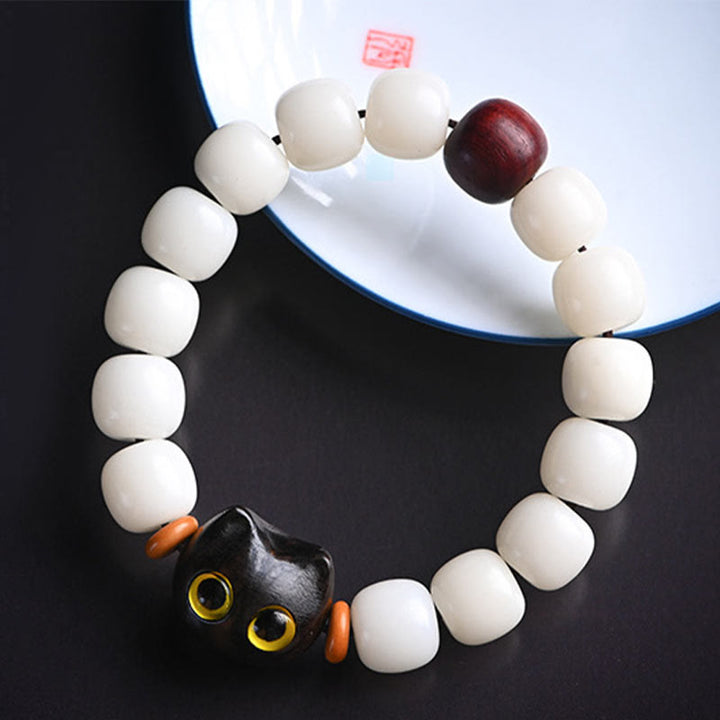 Buddha Stones Natural Bodhi Seed Small Leaf Red Sandalwood Ebony Wood Cute Lucky Cat Wisdom Bracelet