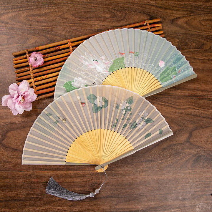 Buddha Stones Jasmine Lotus Begonia Flowers Handheld Bamboo Folding Fan