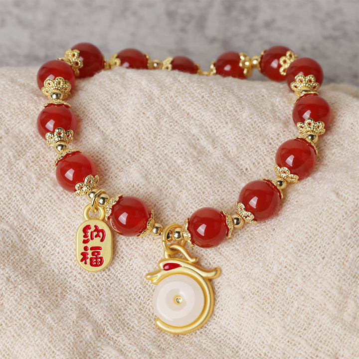 Buddha Stones Year of the Dragon Red Agate Green Aventurine Peace Buckle Fu Character Lucky Fortune Bracelet