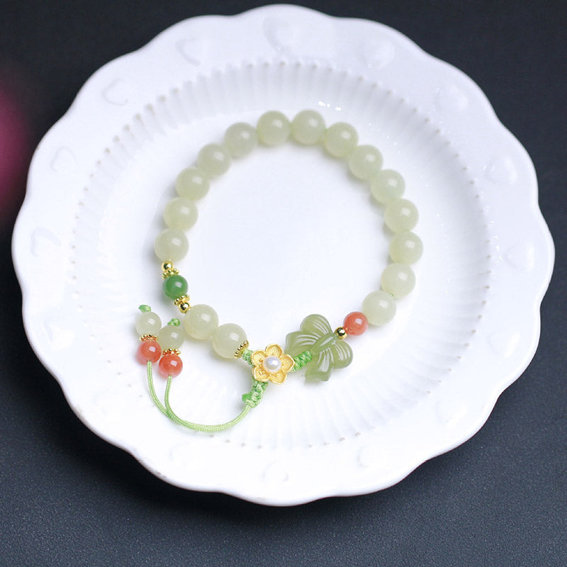 Buddha Stones 925 Sterling Silver Jade Luck Flower Butterfly Bracelet