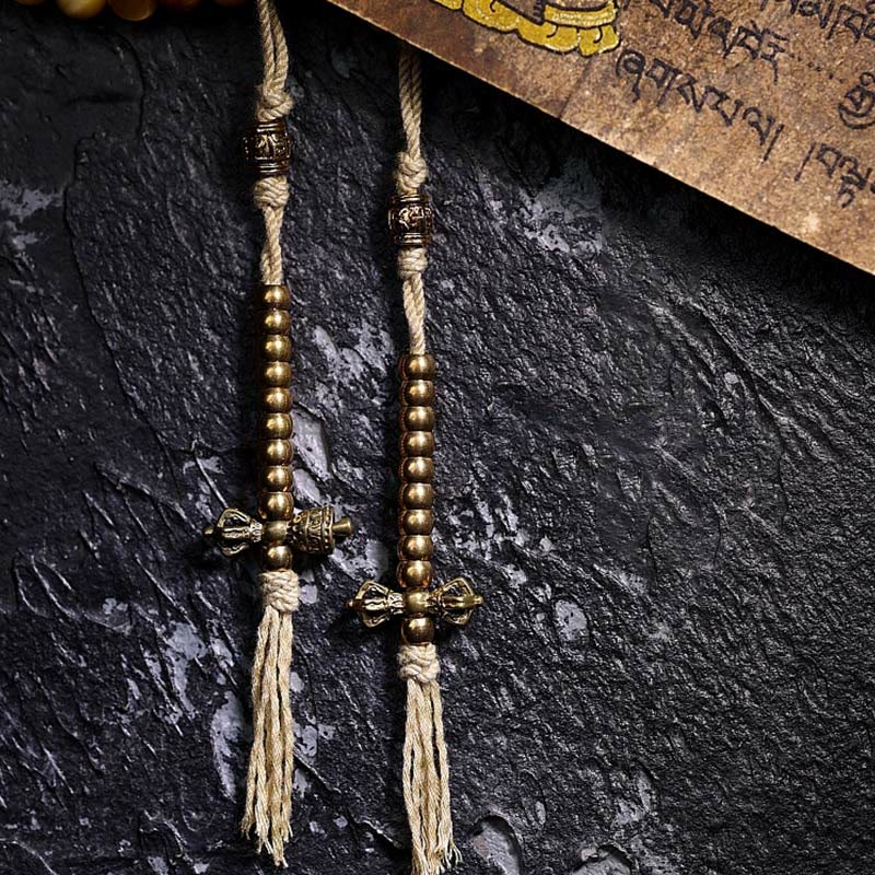 Buddha Stones 108 Mala Beads Natural Tiger Eye Copper Dorje Protection Tassel Bracelet