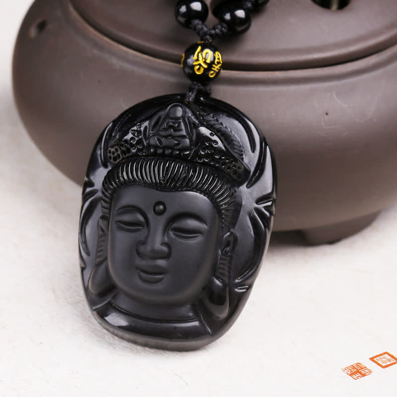 Buddha Stones Natural Black Obsidian Kwan Yin Avalokitesvara Strength String Necklace Pendant