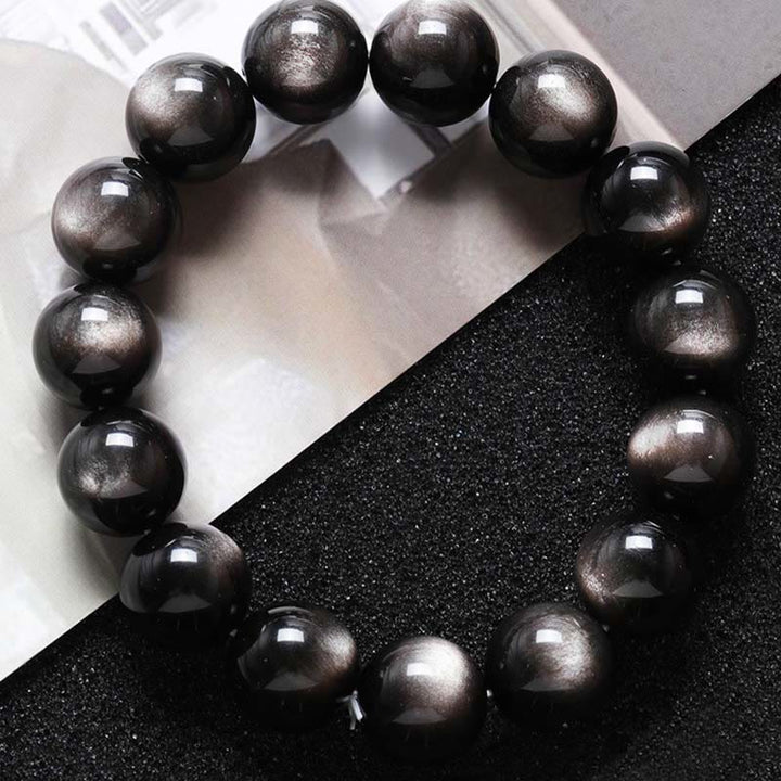 Buddha Stones Natural Silver Sheen Obsidian Soothing Protection Bracelet