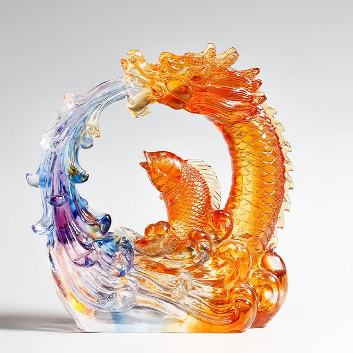 Buddha Stones Feng Shui Dragon Koi Fish Handmade Liuli Crystal Art Piece Home Office Decoration