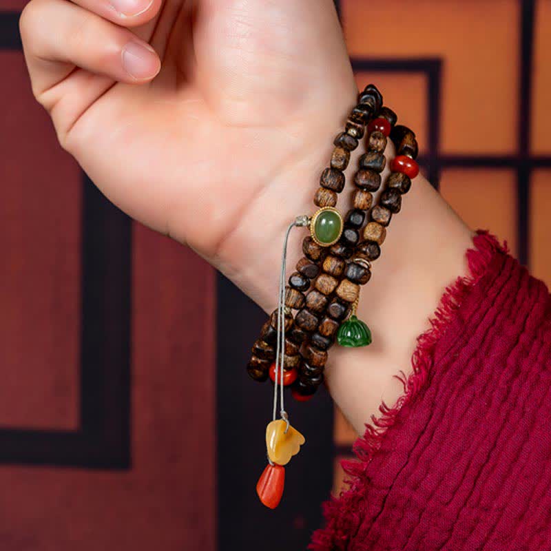 Buddha Stones 108 Mala Beads 925 Sterling Silver Brunei Agarwood Red Agate PiXiu Hetian Jade Peace Strength Bracelet