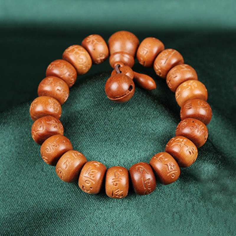 Buddha Stones Natural Tibetan Peach Wood Om Mani Padme Hum Engraved Ward Off Evil Spirits Bracelet