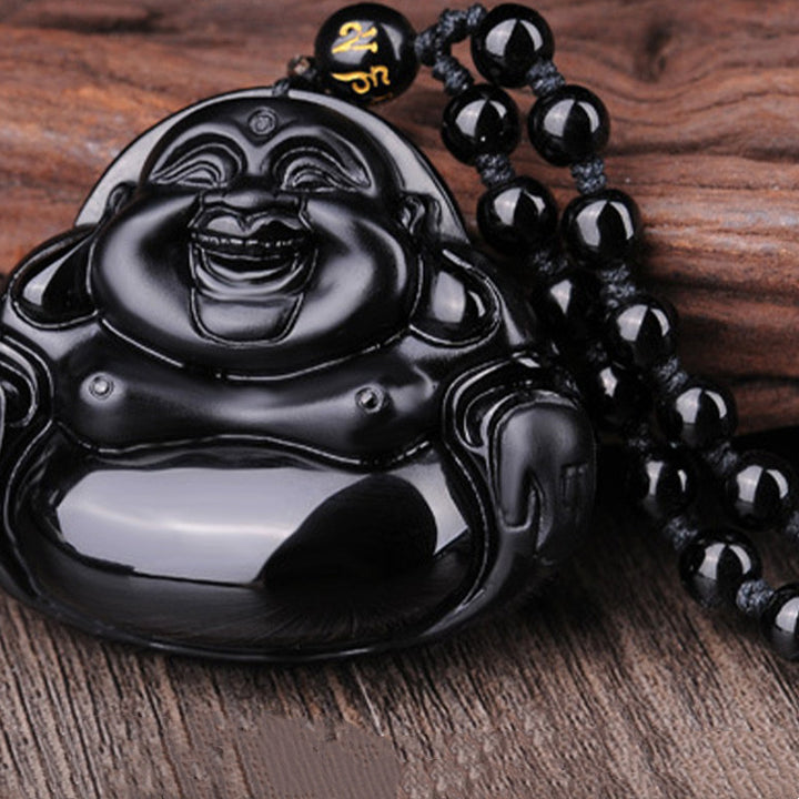 Buddha Stones Laughing Buddha Black Obsidian Transformation Pendant Necklace