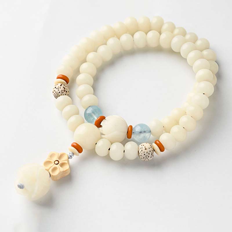 Buddha Stones Tibetan White Jade Bodhi Lotus Blessing Bracelet