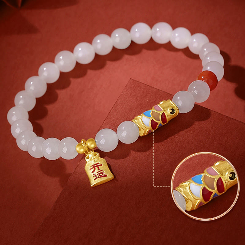 Buddha Stones 925 Sterling Silver Hetian White Jade Red Agate Koi Fish Luck Happiness Bracelet