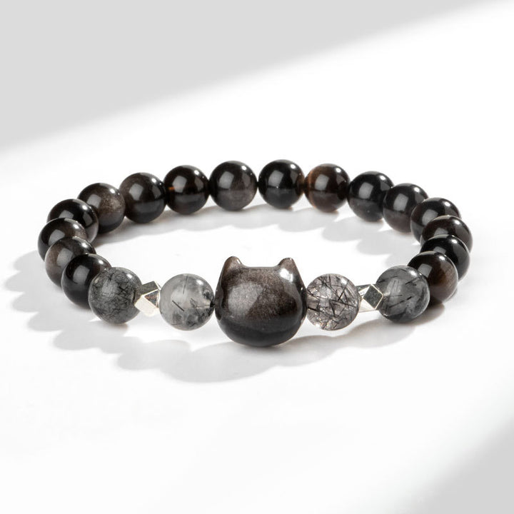 Buddha Stones Natural Silver Sheen Obsidian Cute Cat Head Protection Bracelet