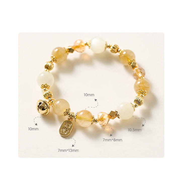 Buddha Stones 14K Gold Plated Golden Rutilated Quartz Wealth Bell Lucky Fortune Charm Bracelet