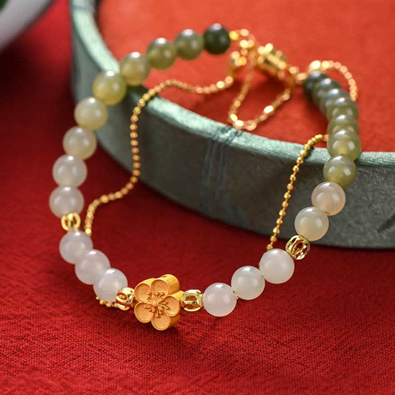 Buddha Stones 925 Sterling Silver Natural Hetian Jade Peach Blossom Luck Chain Bracelet