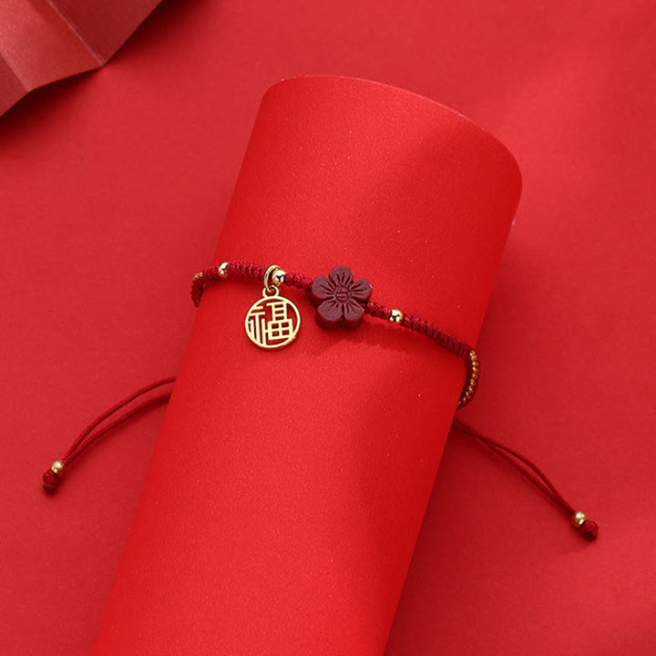 Buddha Stones Cinnabar Flower Fu Character Blessing Braided String Bracelet