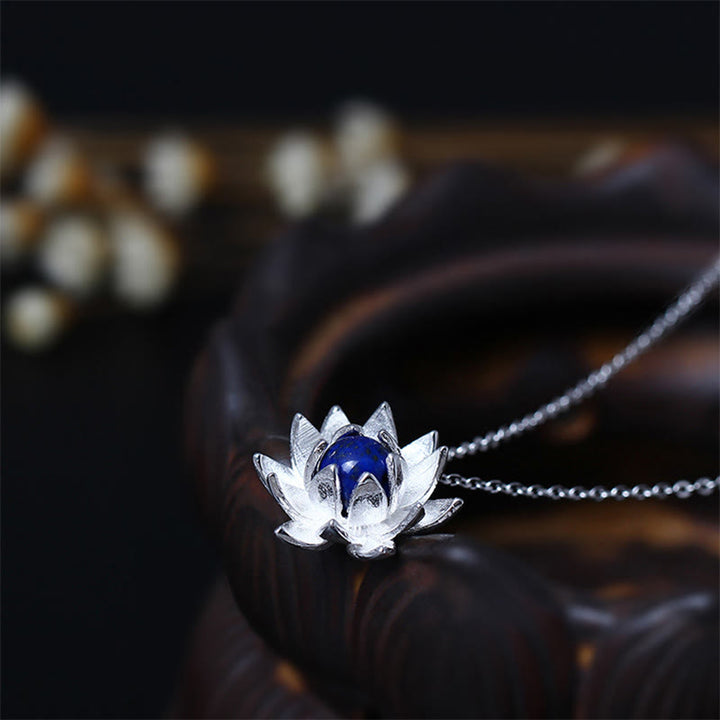 Buddha Stones 925 Sterling Silver Lazurite Lotus Flower Self Care Necklace Pendant