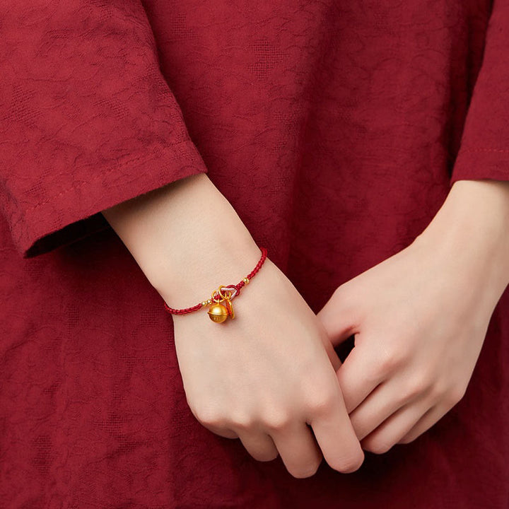 Buddha Stones Handmade Fu Character Charm Luck Happiness Bell Red Rope Bracelet