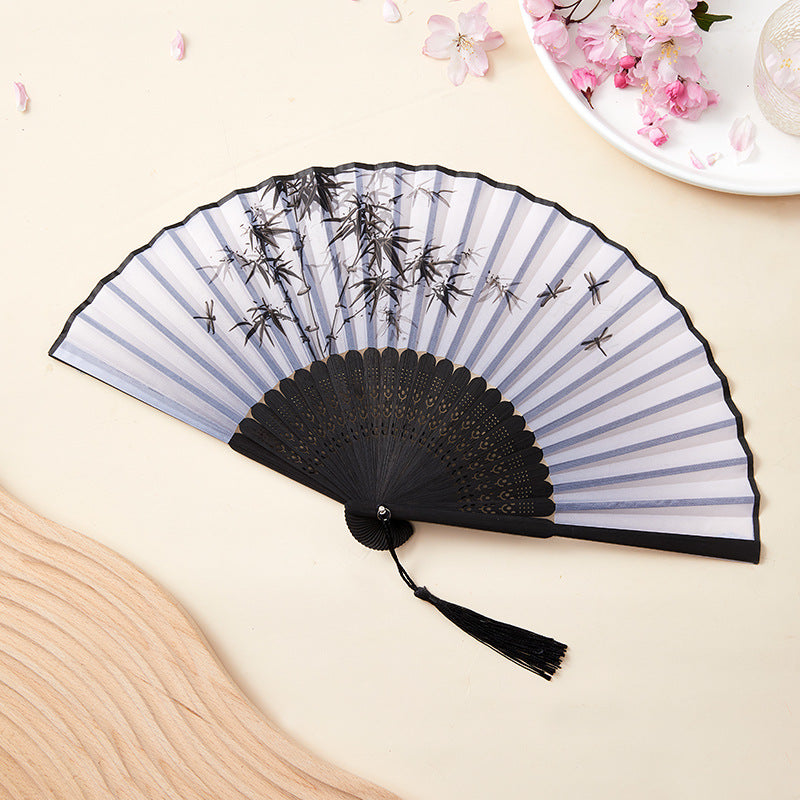 Buddha Stones Crane Peach Blossoms Persimmon Orchid Butterfly Bamboo Handheld Bamboo Folding Fan 21cm