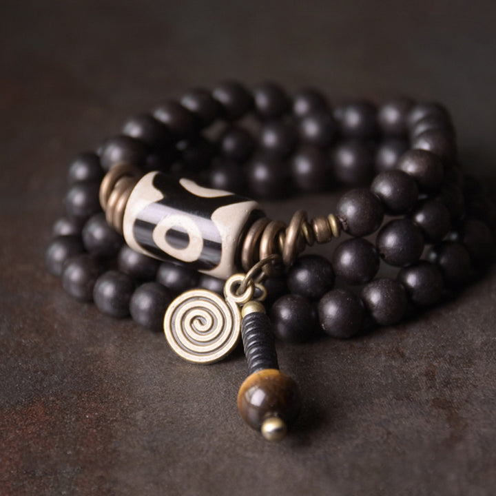 Buddha Stones Ebony Wood Dzi Bead Copper Protection Couple Bracelet