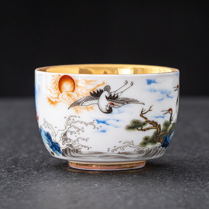 Buddha Stones Dragon Phoenix Crane Sun Ocean Waves Gilt Ceramic Teacup Kung Fu Tea Cup 170ml