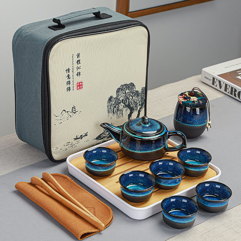 Blue Gradient Color Chinese Gongfu Tea Ceramic Teapot Portable Gift Bag Box Set