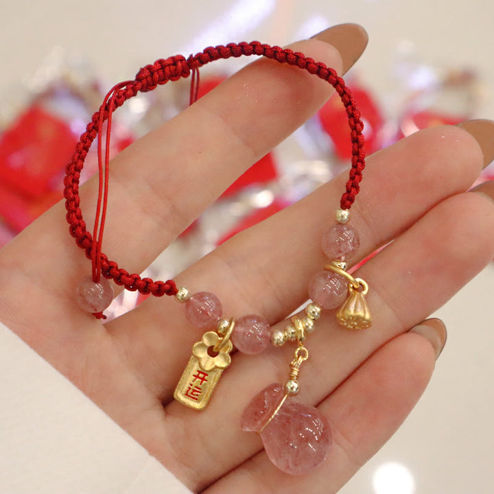 Buddha Stones Natural Strawberry Quartz Money Bag Lotus Healing Charm Red String Braided Bracelet