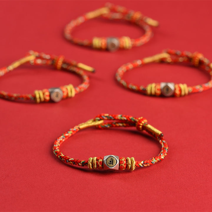 Buddha Stones 925 Sterling Silver Chinese Zodiac Natal Buddha Red Colorful Rope Luck Handcrafted Bracelet