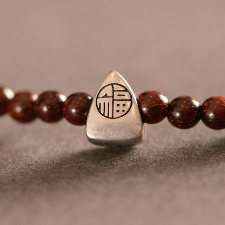 Buddha Stones 925 Sterling Silver Indian Small Leaf Red Sandalwood Fu Character Protection Triple Wrap Bracelet