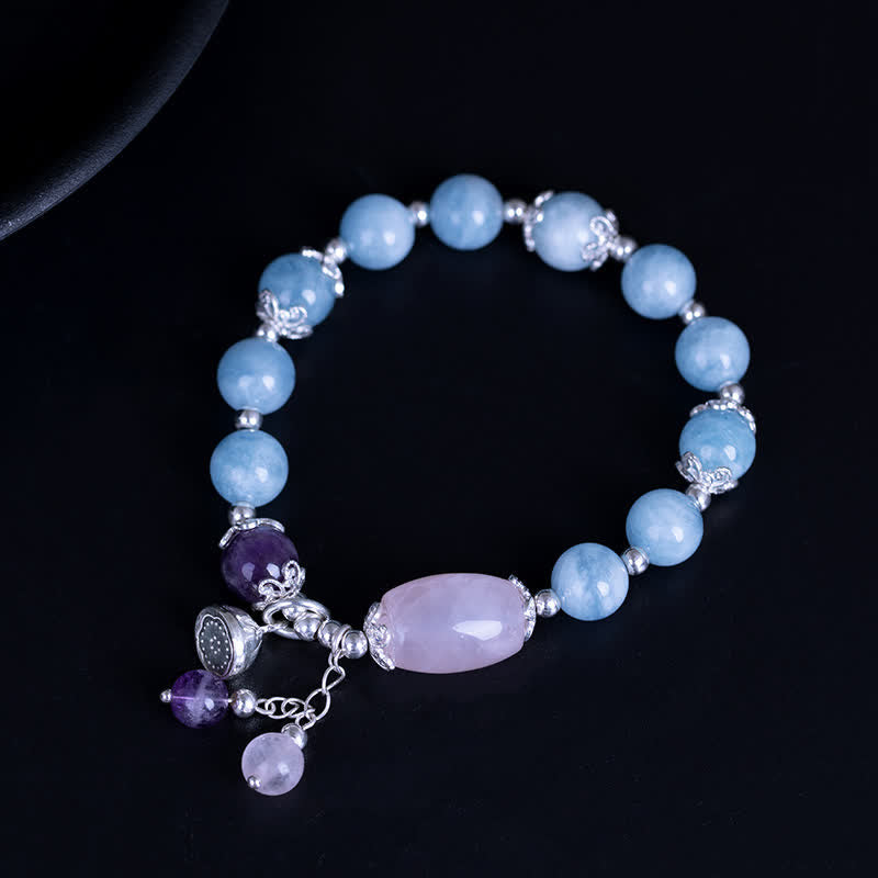 Buddha Stones 925 Sterling Silver Natural Aquamarine Amethyst Lotus Healing Charm Bracelet