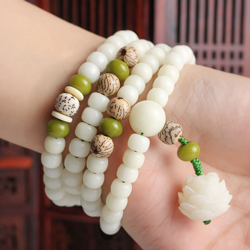 Buddha Stones White Jade Bodhi Lotus Mala Harmony Necklace Bracelet